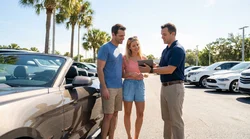 Person receiving keys at a car rental desk in Orlando