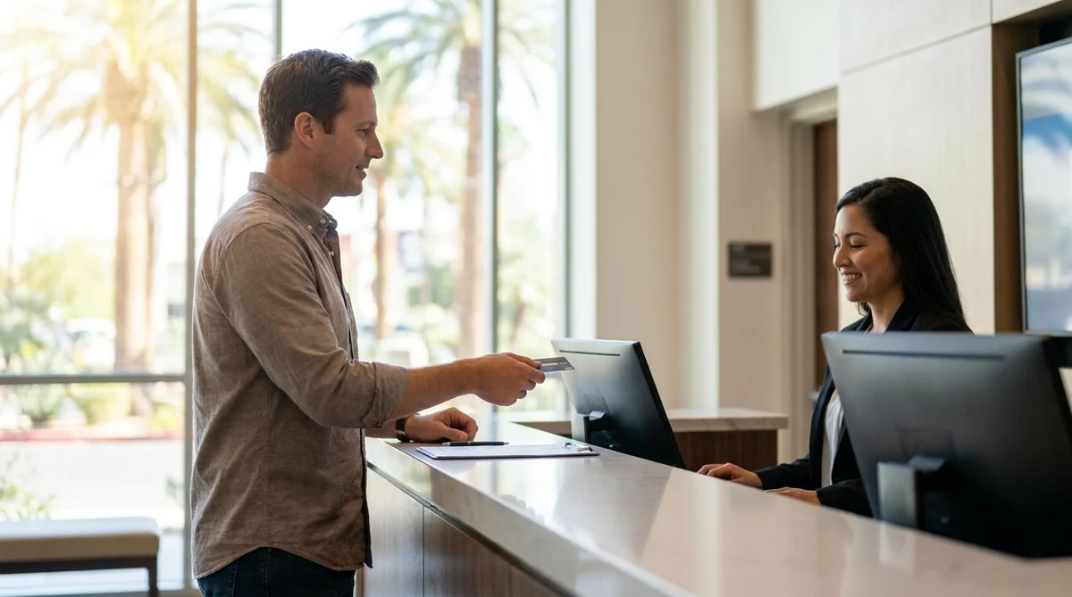 Person handing a credit card to an agent at a Las Vegas car rental counter