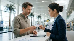Customer handing a driving licence to an agent at a car hire desk in California
