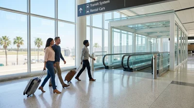 Travelers with luggage exiting the MIA Mover train at the Miami Airport car rental center