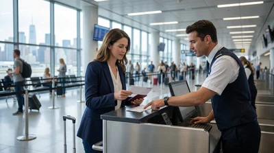 Traveler showing a digital voucher on a phone at a New York car rental counter