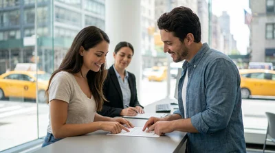 Smiling couple holding keys next to a white car rental on a New York street