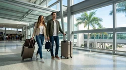 Passenger with luggage waiting outside a sunny Miami airport terminal for a car rental shuttle
