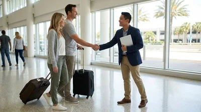 Traveler receiving car rental keys from a smiling representative outside the Orlando Airport terminal