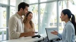 Person handing a credit card to an agent at a car hire desk in Miami