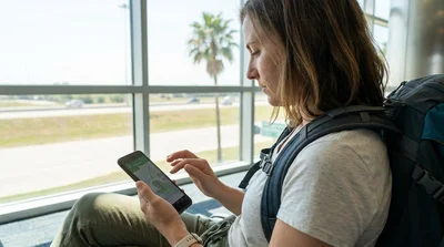 Person checking a smartphone navigation app while standing at a car rental lot in Texas