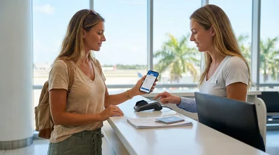 Traveler handing a printed document to a car rental agent at a desk in Miami