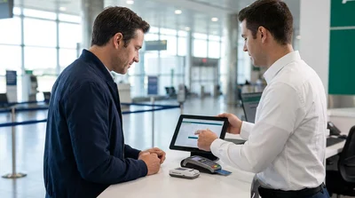 Silver car rental driving under an electronic toll gantry on a New York bridge
