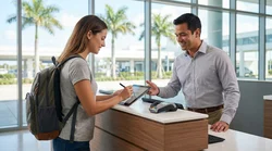 Person signing a digital tablet with a stylus at a car rental counter in Florida
