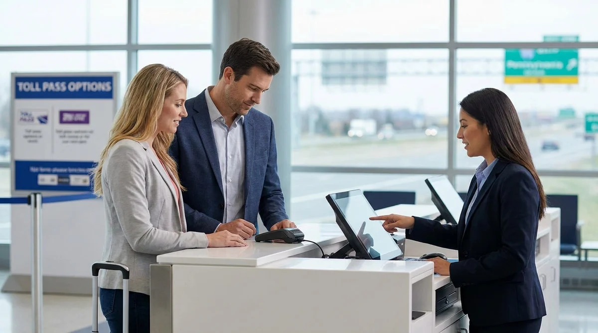 Customer receiving keys from an agent at a car hire counter in Pennsylvania