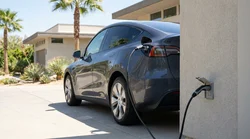White electric car rental plugged into a standard home wall socket in California