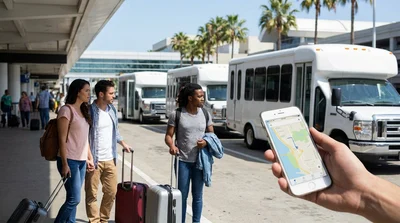 Travelers with luggage waiting for a car hire shuttle bus outside a Los Angeles airport terminal