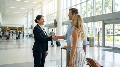 Agent holding a welcome sign and handing keys to a passenger at arrivals for a car hire in Miami