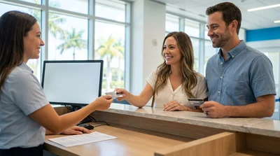 Two customers at a Florida car hire desk handing a credit card to an agent