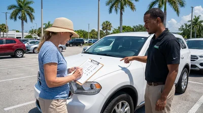 Person reviewing a car rental damage diagram on a clipboard beside a parked vehicle in sunny Florida