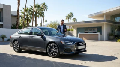 Person handing a corporate credit card to a car hire agent at a counter in California
