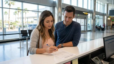 Person reading a paper document at a car rental counter in Las Vegas