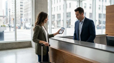 Person holding a smartphone showing a digital passport at a New York car rental counter
