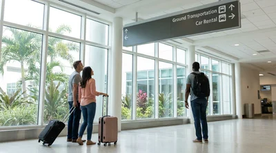 Passengers with luggage walking through the arrivals terminal toward a car hire desk at Orlando Airport