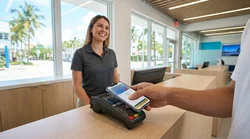 Close-up of a hand holding a smartphone over a payment terminal at a car rental counter in Miami