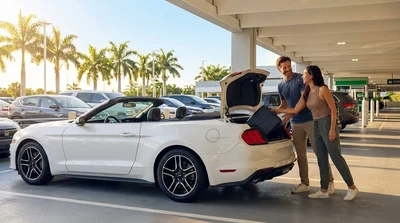 A bright white car parked outside a sunny car rental office with palm trees in Miami