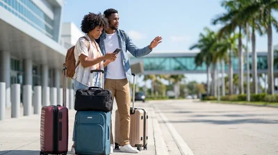 Traveler rolling a suitcase on a sunny palm-lined street outside a Miami car rental facility
