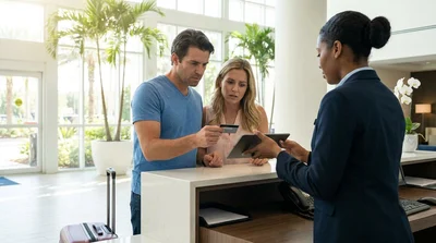 Person holding a credit card and car rental keys at a hotel check-in desk in Orlando