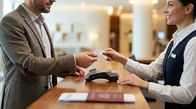 Person handing a credit card to a clerk at a car hire desk in Las Vegas