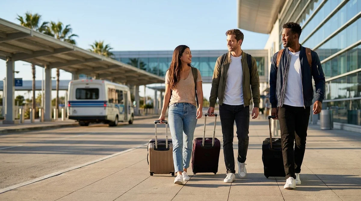 Travelers carrying luggage walking from a Los Angeles Metro station toward a car rental shuttle bus