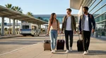 Travelers carrying luggage walking from a Los Angeles Metro station toward a car rental shuttle bus