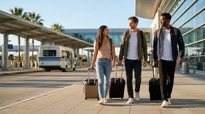 Travelers carrying luggage walking from a Los Angeles Metro station toward a car rental shuttle bus