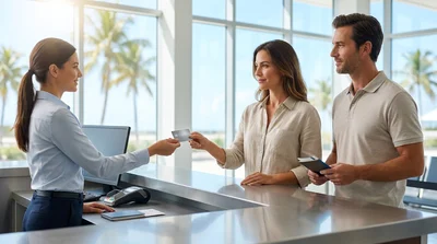Car keys and an Amex credit card resting on a car rental counter in Miami