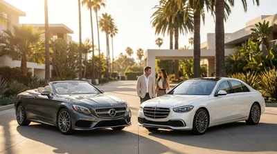 Sleek black luxury car rental driving down a sunny palm-lined street in Los Angeles