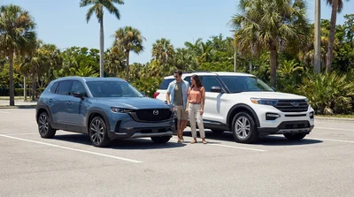 White crossover and black SUV parked side by side under palm trees at a sunny Florida car hire lot