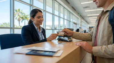 Close-up of hands showing a driver's license at a car rental counter in Florida