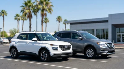 Compact and intermediate SUVs parked side by side at a car rental lot in the United States