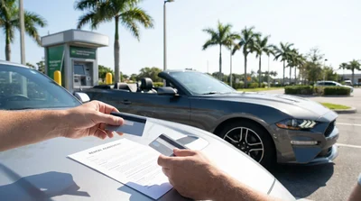 Close-up of a person handing a credit card to an agent at a Florida car hire desk