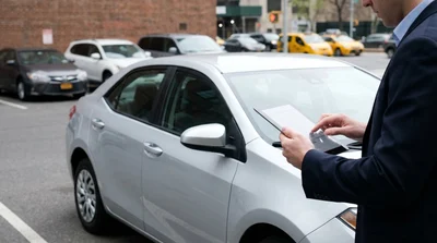 Hands on the steering wheel of a car rental driving down a New York avenue with tall skyscrapers and yellow cabs ahead