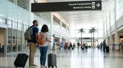 Travelers pulling luggage past signs in a bright Miami airport terminal heading to the car rental center