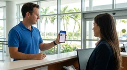 Person holding a smartphone displaying a digital driving licence at a Florida car rental counter