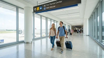 Travelers with luggage walking through Miami Airport Terminal D toward the car hire center