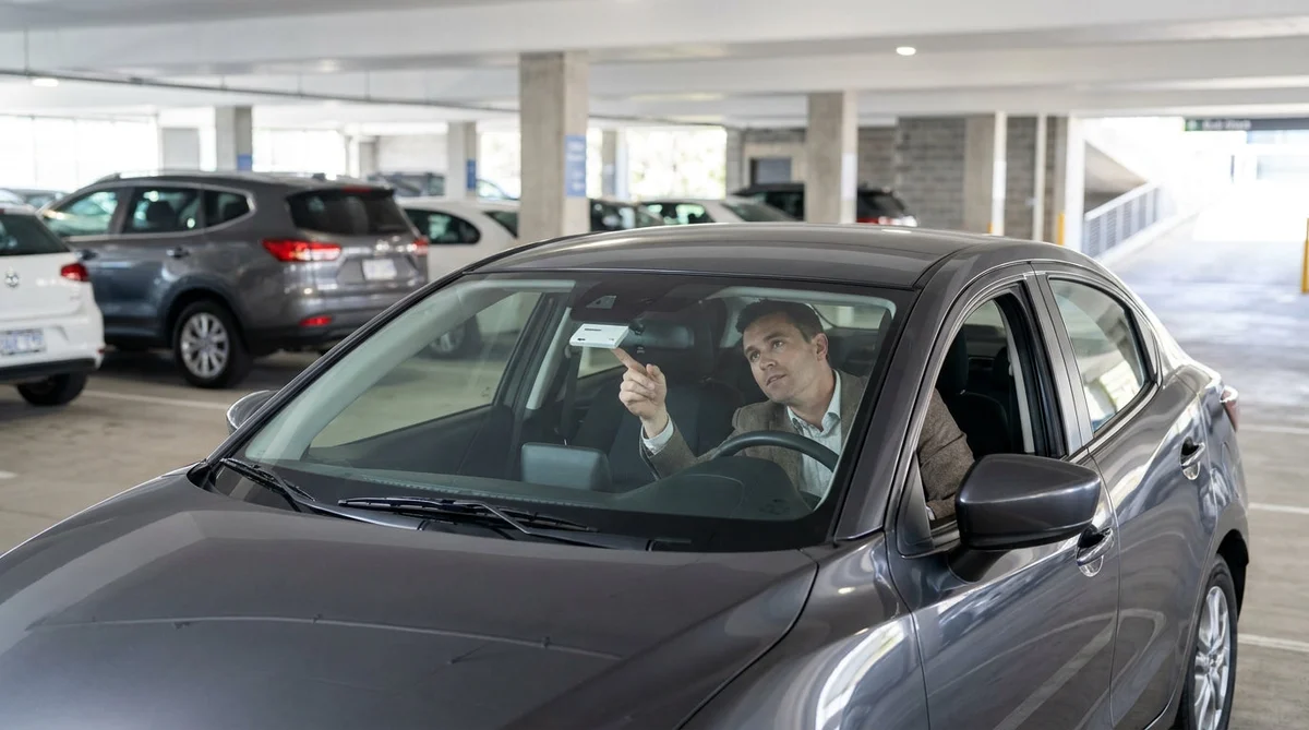 White E-ZPass tag on the windshield of a vehicle at a car rental lot in New York