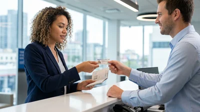 Customer handing a driving licence and photo ID to an agent at a New York car rental desk