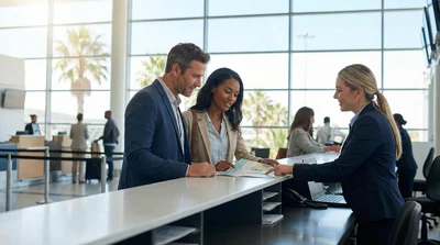 Travelers with luggage at a shared car rental counter inside an Orlando airport terminal