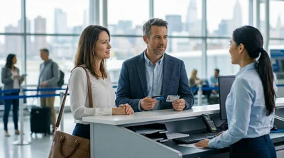 Customer handing a credit card to an agent at a New York car hire counter