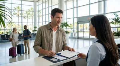 Customer showing travel documents to an agent at a car rental desk in Miami