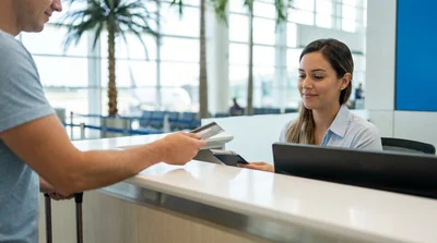 Customer handing a credit card to an agent at a Miami car rental counter