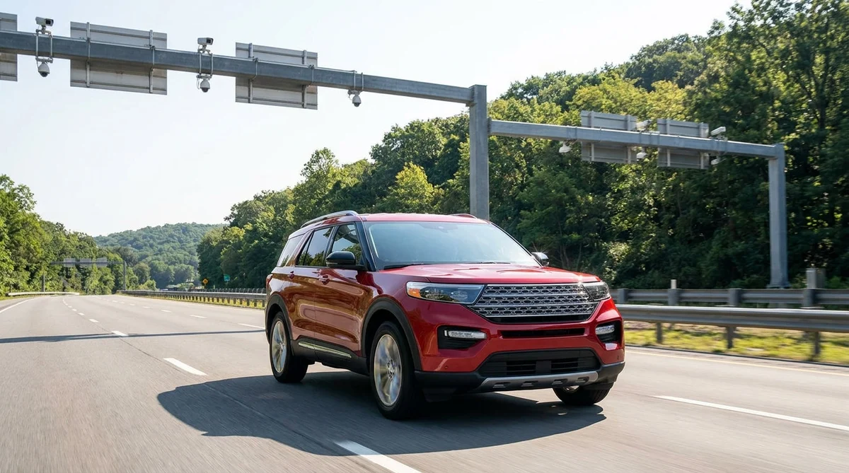 A car rental driving under a cashless toll gantry on a Pennsylvania highway