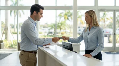 Person holding a paper document and keys at a car rental counter in Florida