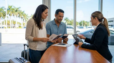 Person presenting a passport and documents at a Miami car rental counter